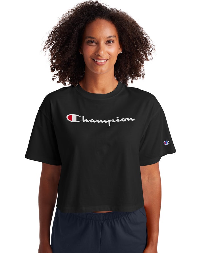 Champion Womens T-Shirt NZ - Cropped Script Logo Black ( 4760-RBADZ )